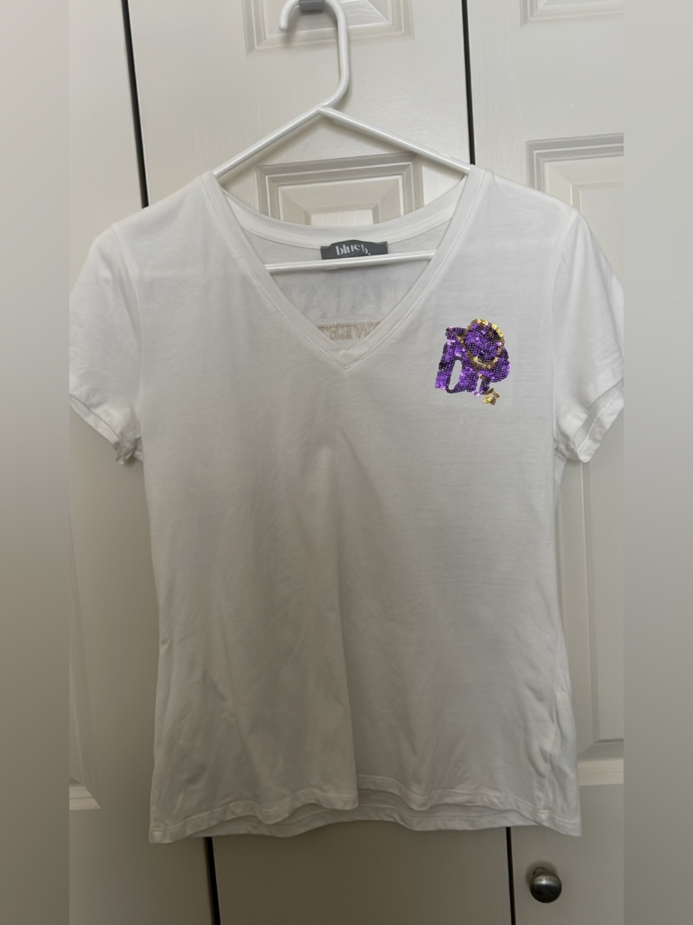 White V-Neck Tee with Purple Sequin Logo